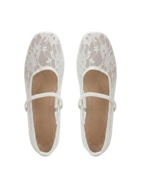 Women's Lace Ballet Flats Sheer Mesh Closed Square Toe Comfortable Dressy
